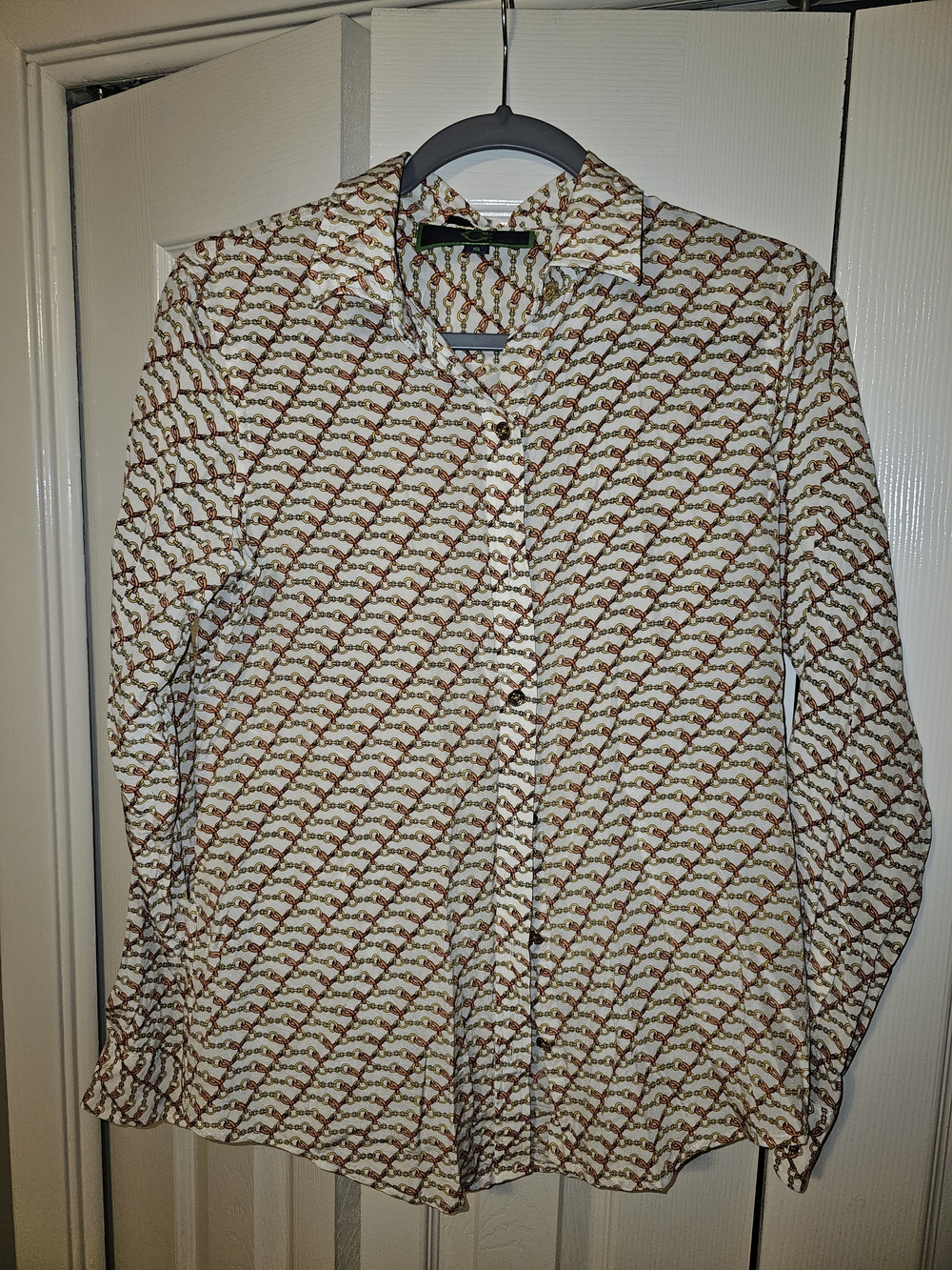 C. Wonder Cream Blouse, 100% Silk with Brown Chain-Style Print